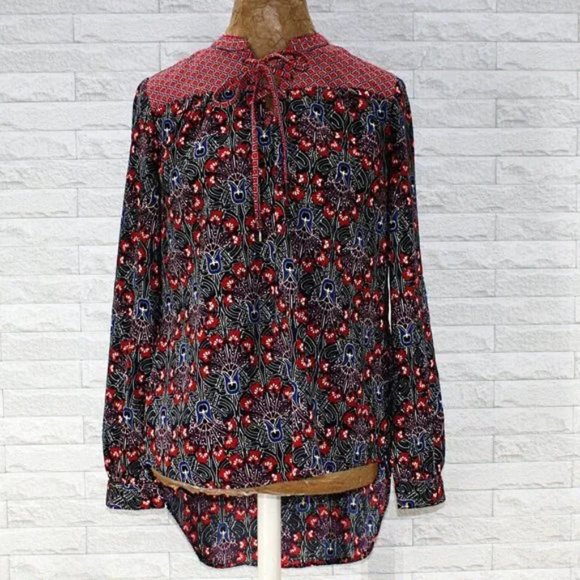 CATO Blouse Lace Up Red Floral Patchwork Long Sleeve Tunic Small - Picture 1 of 11
